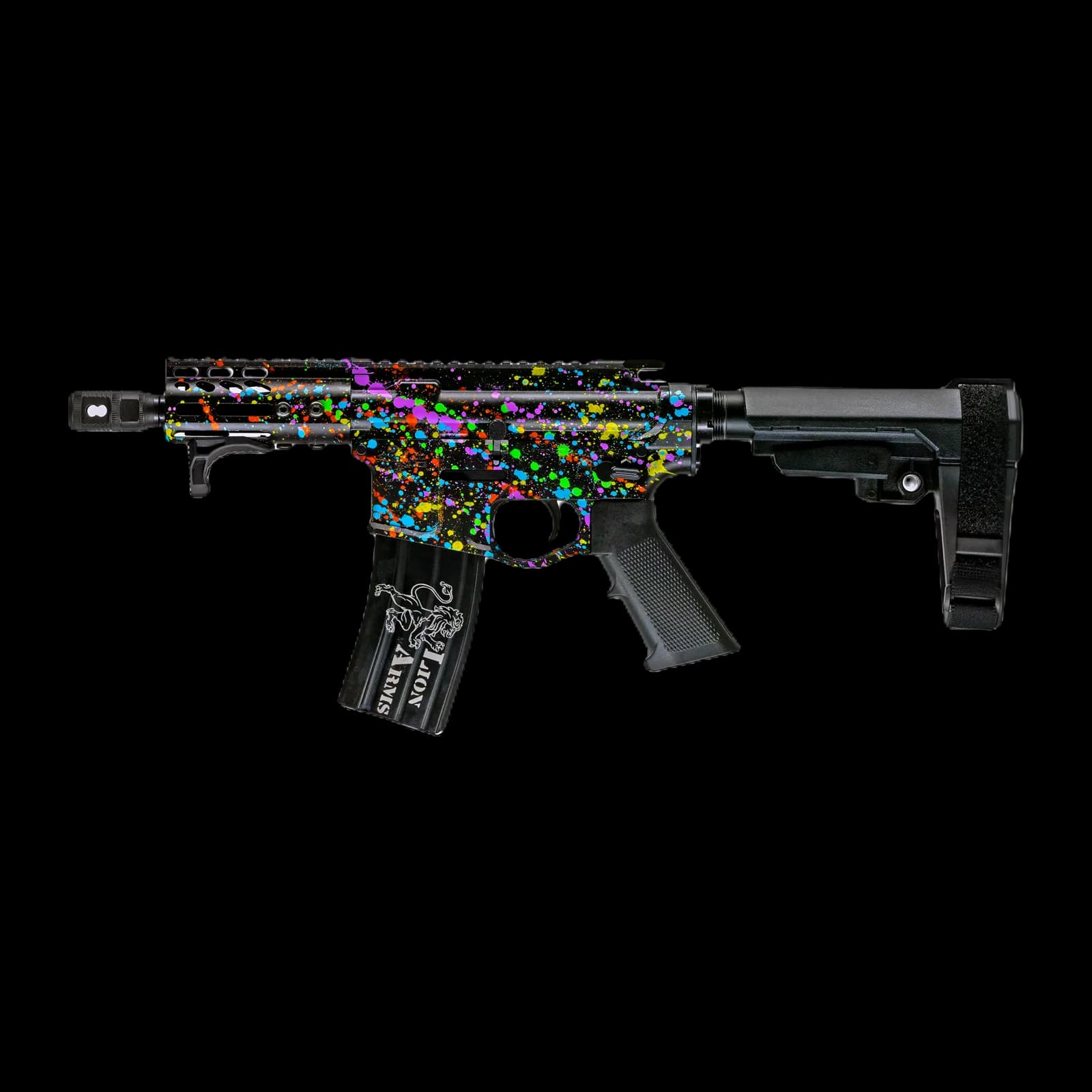 5 inch Lion Arms AR pistol in multicolor paint splatter Cerakote