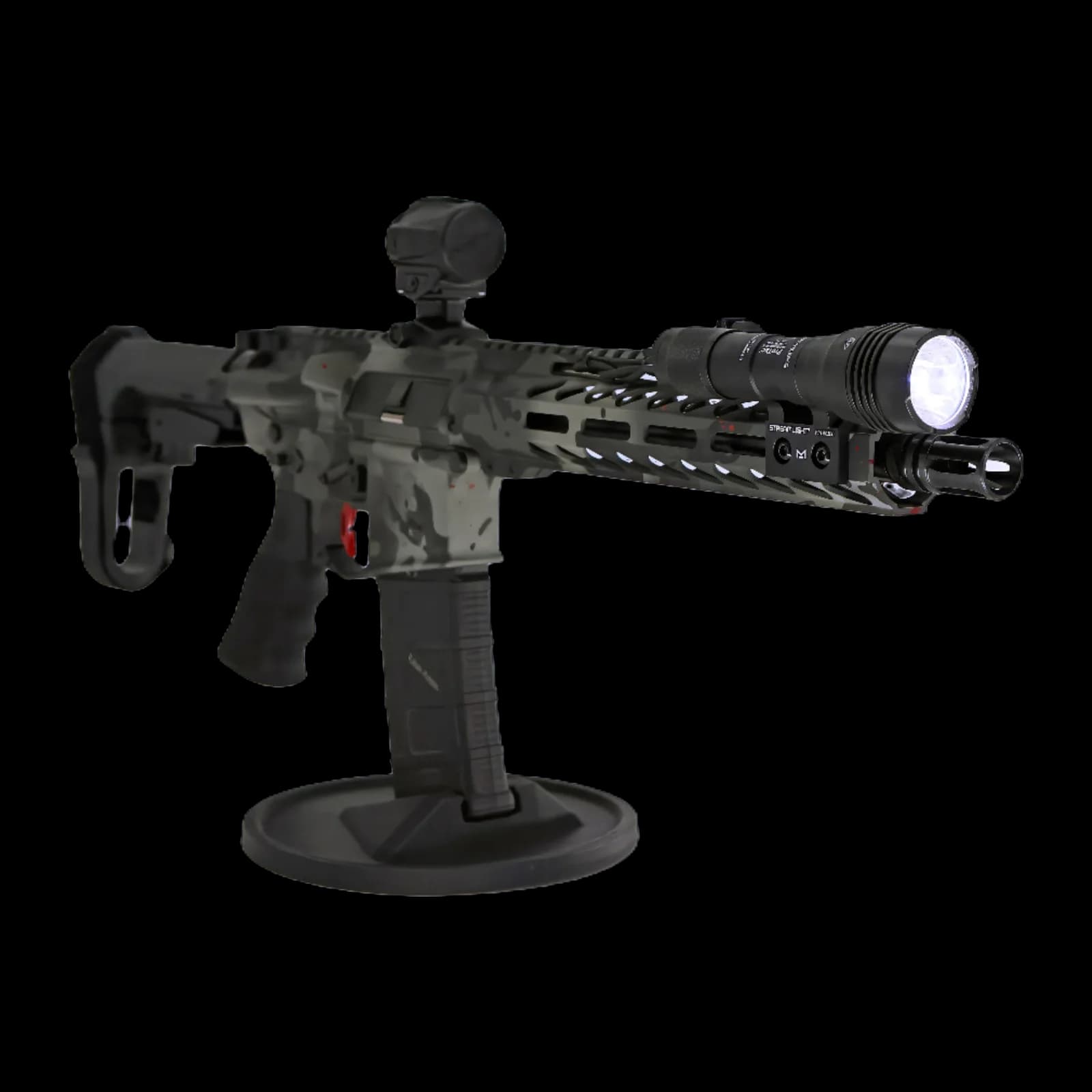 The Tier 1 AR pistol in black multicam Cerakote with Holosun optic and Streamlight weapon light